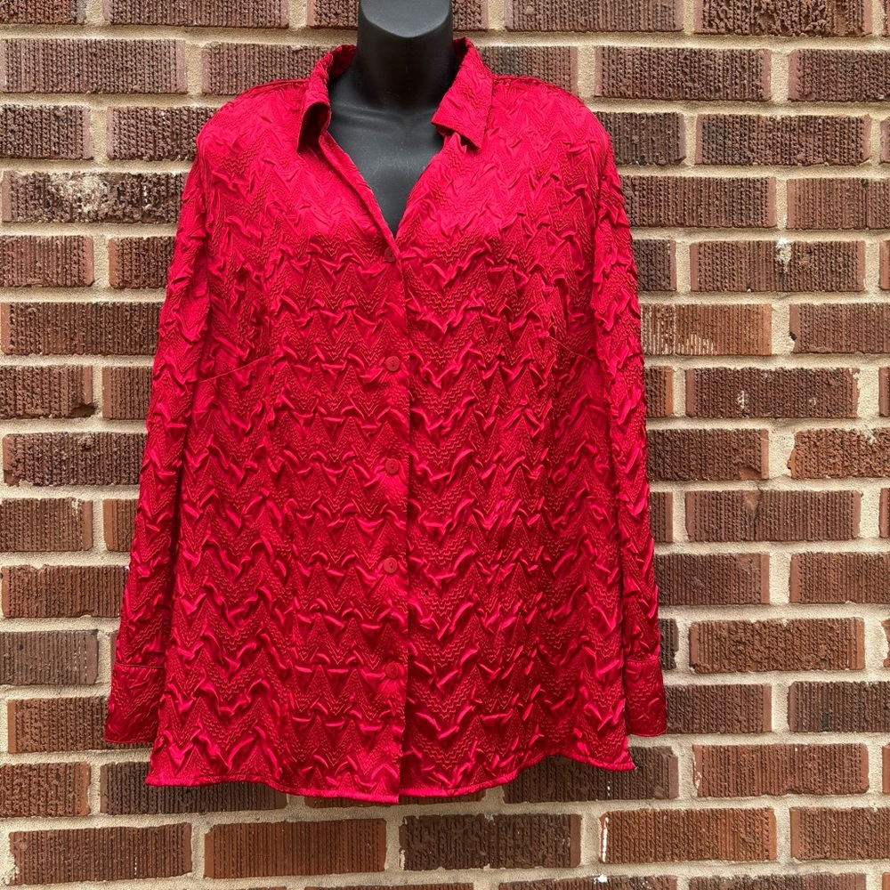 Maggie Barnes Blouse Women's 2XL Red Textured Button Up Collared Career top